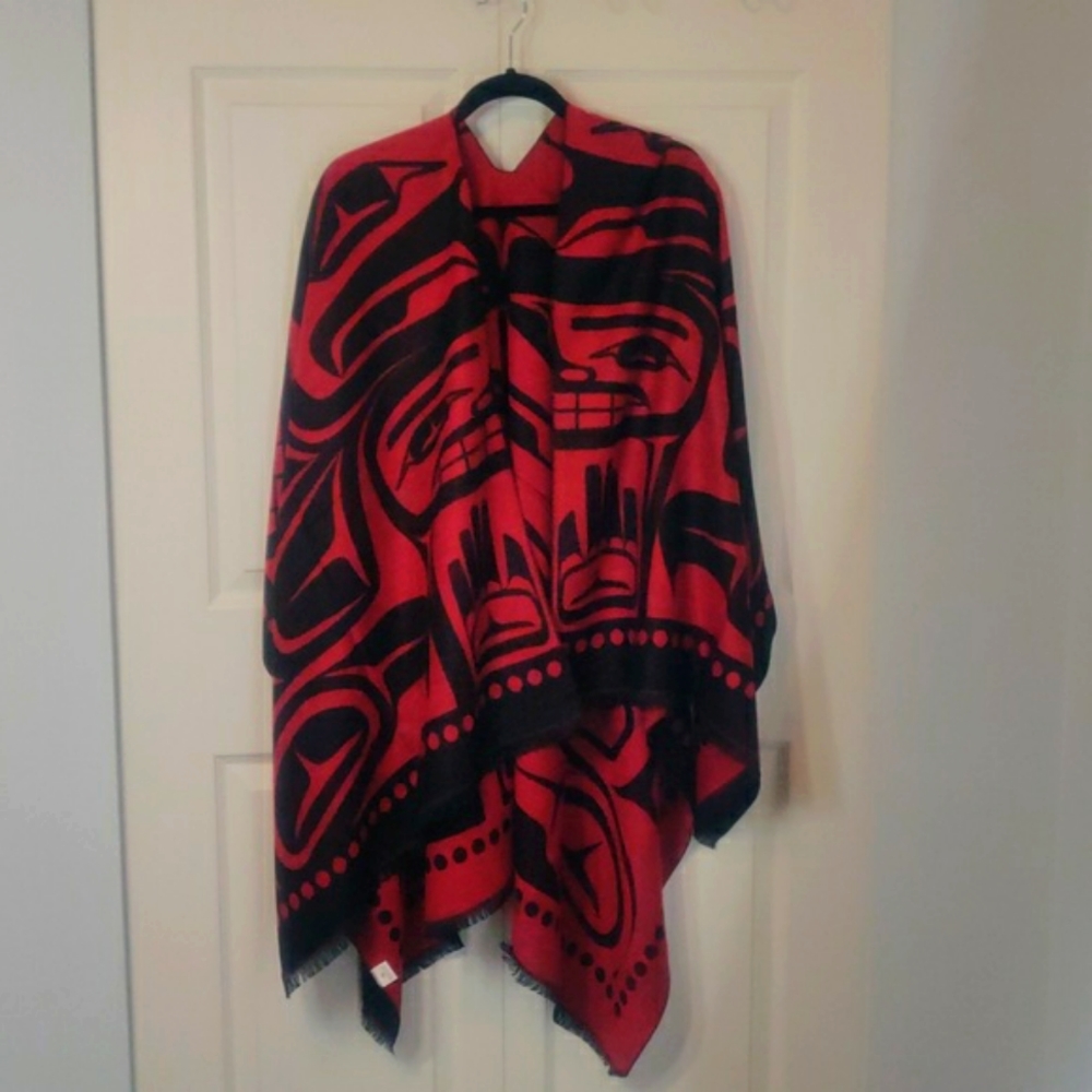 Sleeveless Wrap Shawl with 'Longhouse' Indigenous Design by Jason Peters, Salish